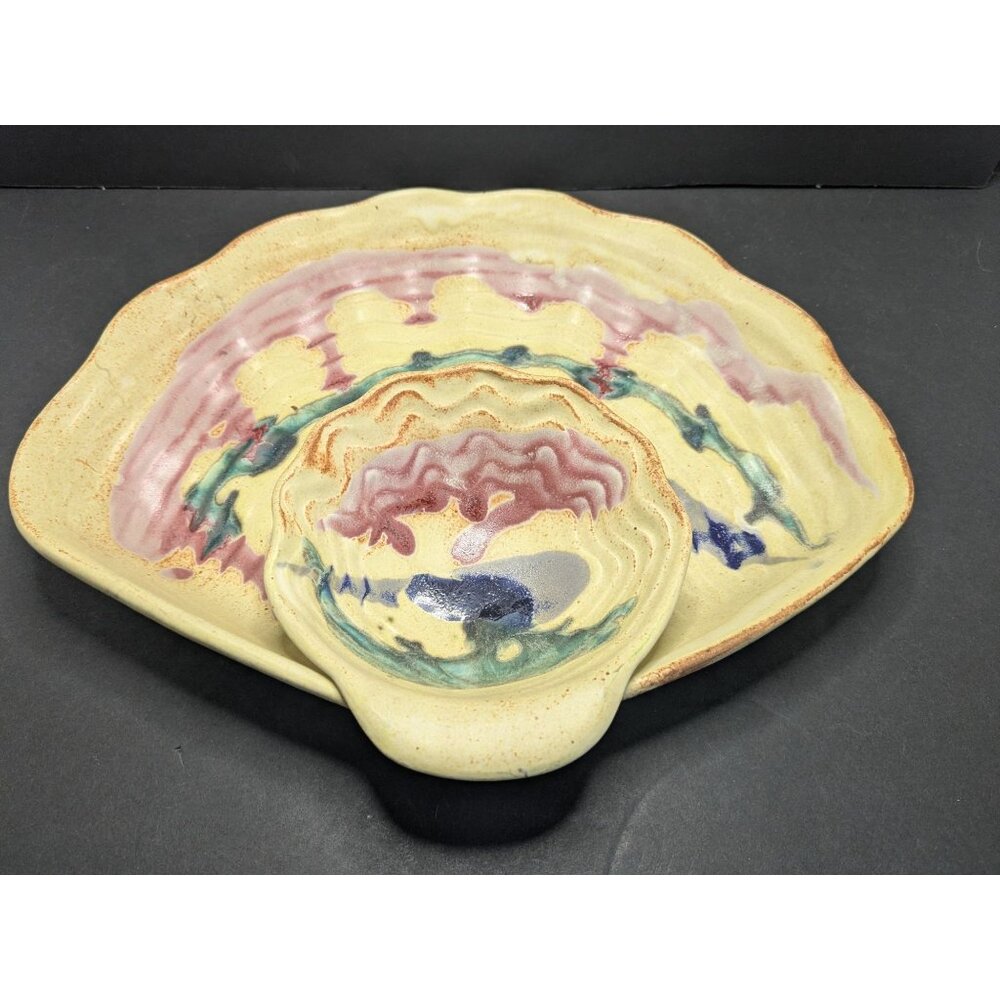 Cliff Losee Studio Pottery Drip Glaze Matte Seashell Chip & Dip/ Vegitable Platt